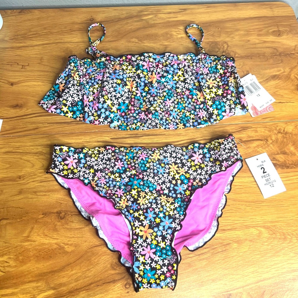 Hobie Girls Bikini 2 Piece Set Sz 12 Black Ditzy Floral Flounce Scalloped NWT